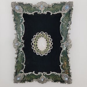 Framed Jewelry on Black Velvet, Green Enameled Embellished Heavy Metal Frame